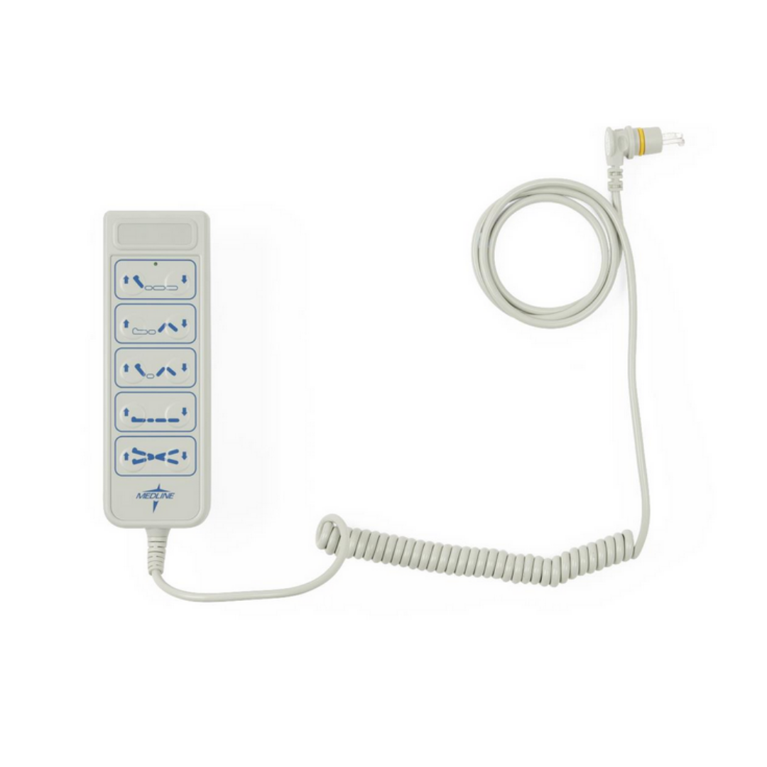 The Medline Long Term Care Bed Pendant is a white remote with five blue bed adjustment buttons, attached by a coiled cord to a clear plastic plug—ideal for long term care beds.